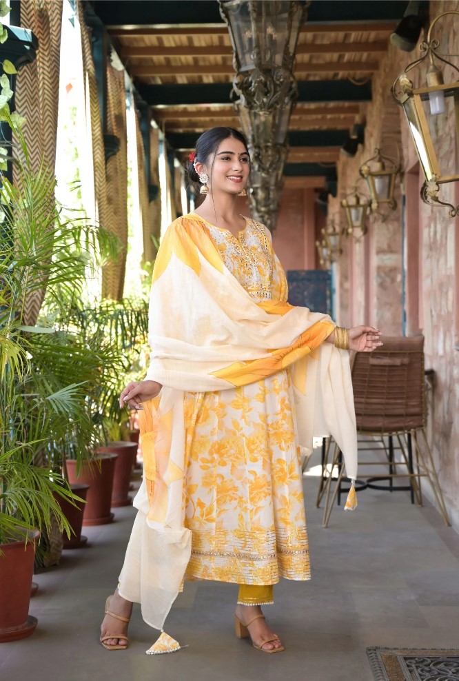 White Yellow Floral Anarkali Suit Set White Yellow Floral Anarkali Suit Set